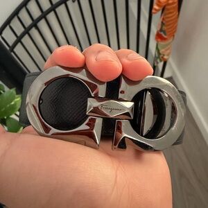 Salvatore Ferragamo Black Belt with Silver Gancini Buckle